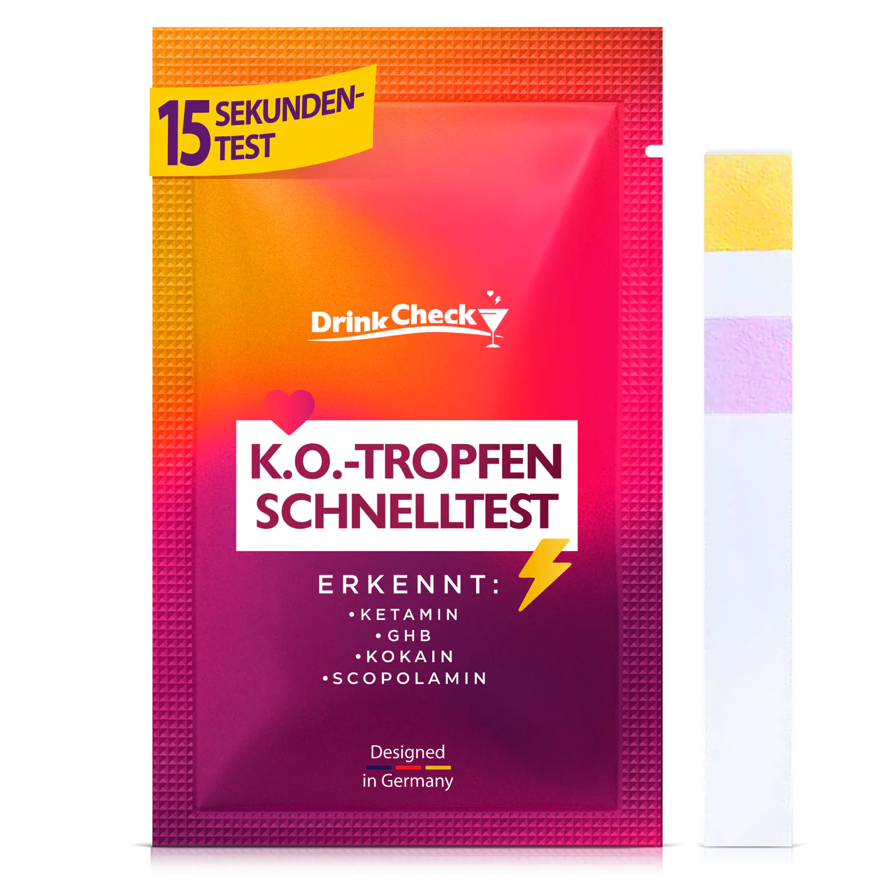 Deutsche DrinkCheck-Standardverpackung neben einem Teststreifen