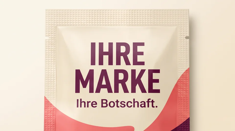 Gestaltungsbeispiel: Nahansicht der individuellen Verpackungsfront mit dem Aufdruck Ihre Marke und Ihre Botschaft