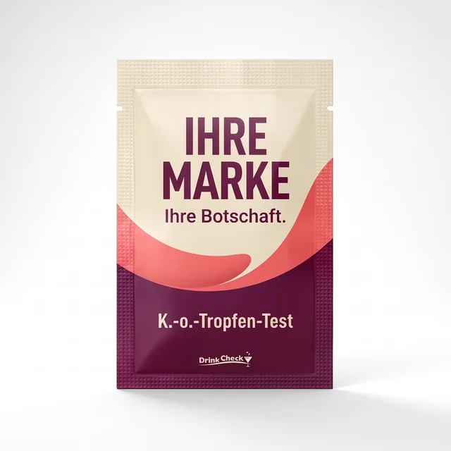 Gestaltungsbeispiel einer DrinkCheck-Verpackung in Creme, Koralle und Pflaume mit dem Aufdruck Ihre Marke