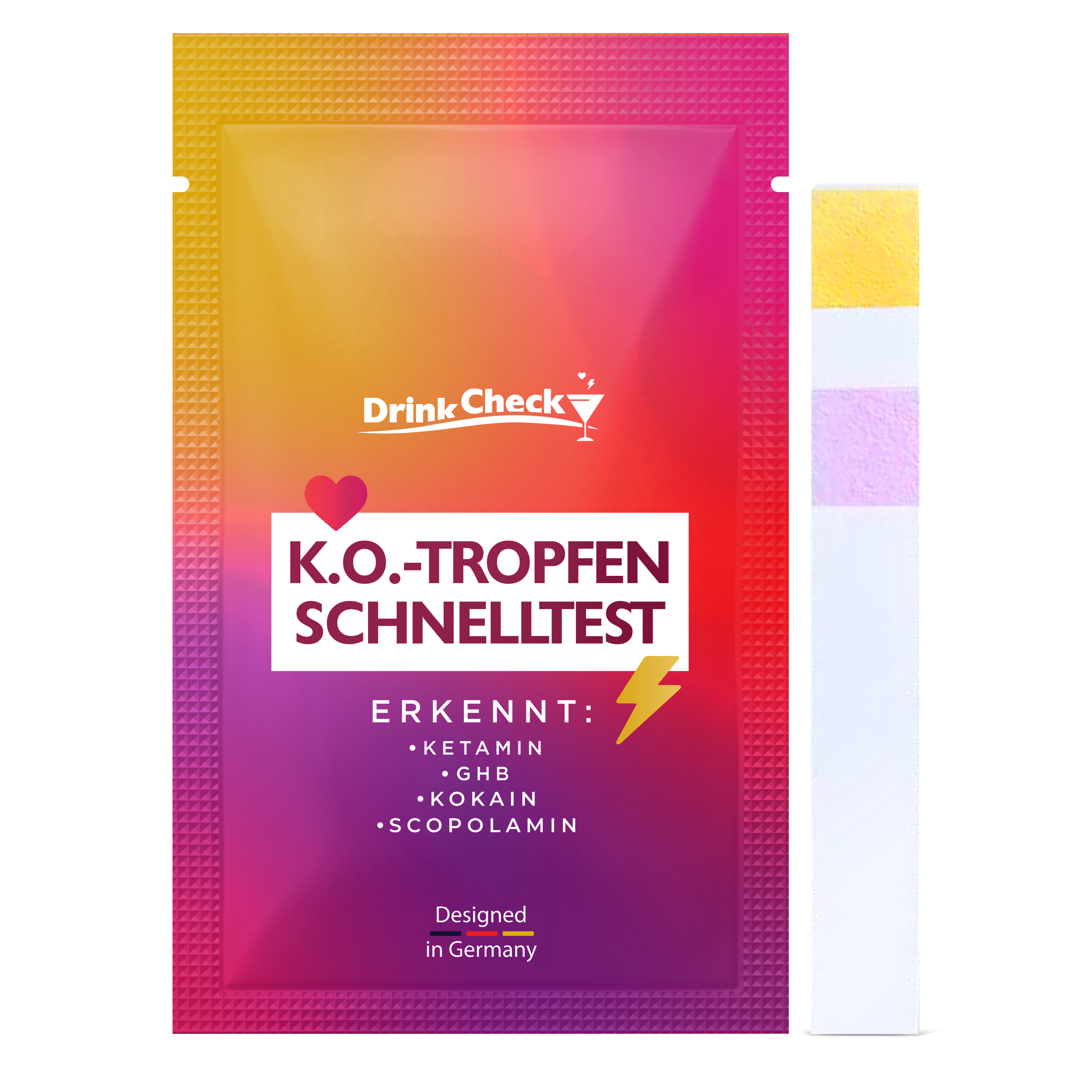 Originale deutsche DrinkCheck-Einzelverpackung; Originaler DrinkCheck-Teststreifen mit gelbem und rosa Reaktionsfeld
