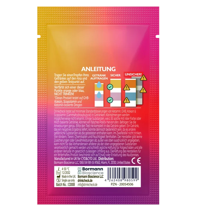 Rückseite der deutschen DrinkCheck-Verpackung mit Anleitung, Lagerhinweisen und Produktkennzeichnung
