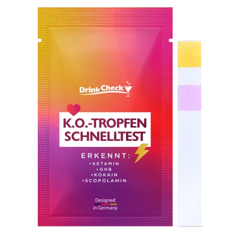 Deutsche DrinkCheck-Standardverpackung mit einem Teststreifen
