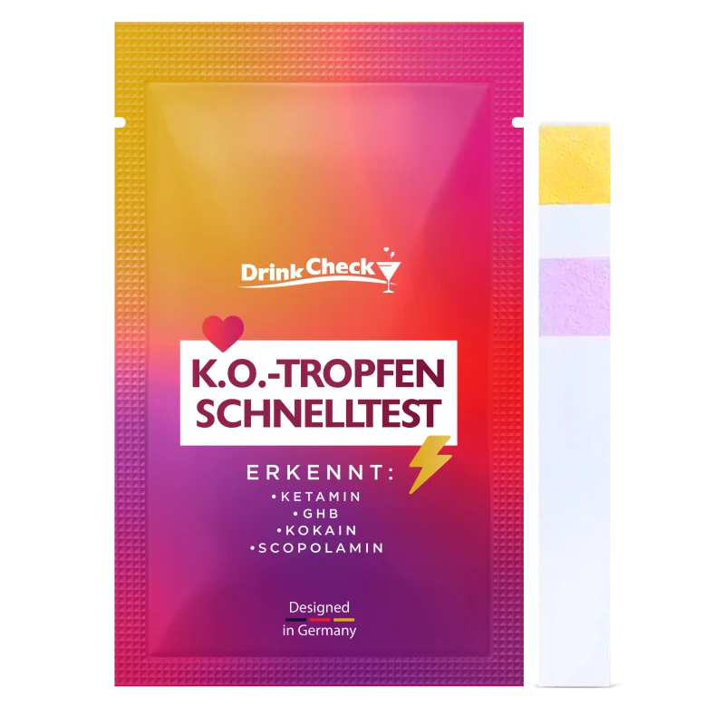 DrinkCheck in deutscher Standardverpackung mit einzelnem Teststreifen