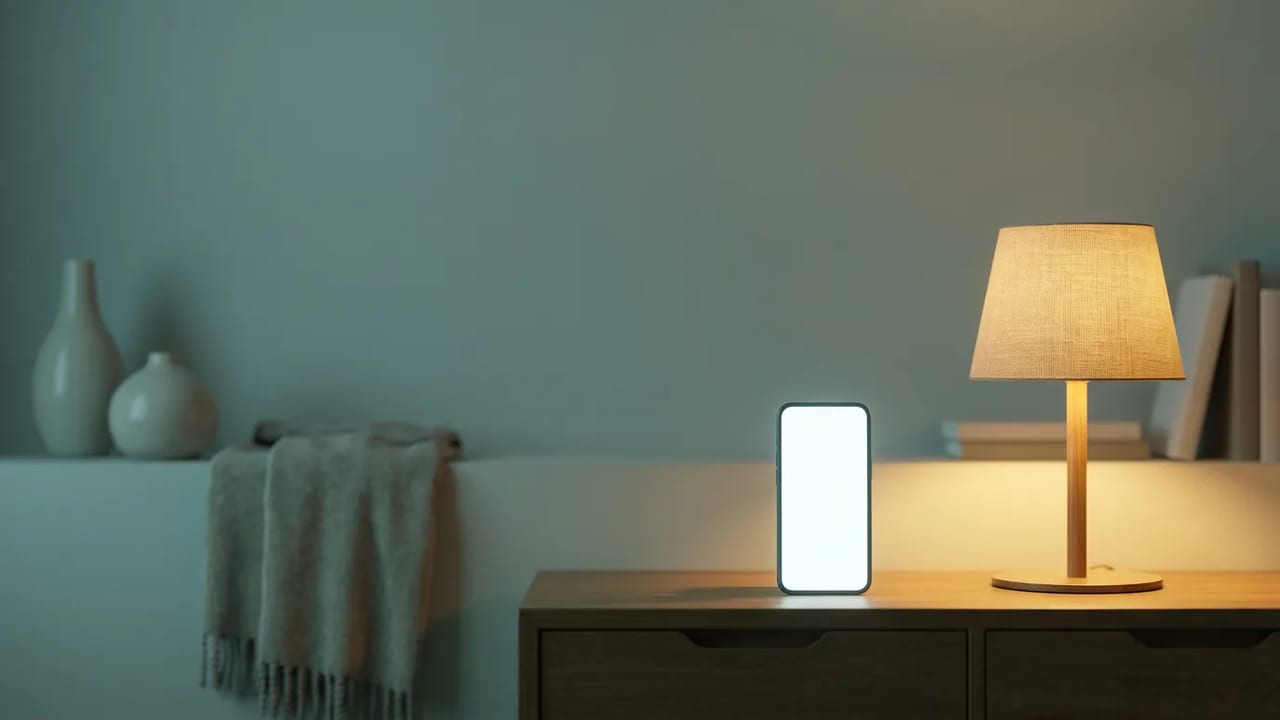 Smartphone mit leerem Bildschirm neben einer warm leuchtenden Tischlampe in einem ruhigen Wohnzimmer