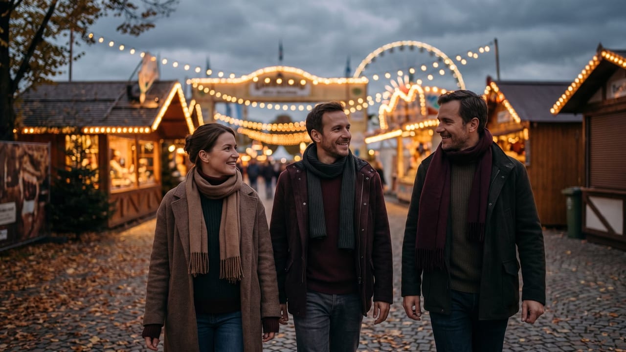 Drei erwachsene Freundinnen und Freunde vor einem beleuchteten Volksfest am frühen Abend.