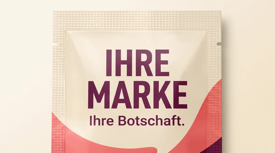 Gestaltungsbeispiel: Nahansicht der individuellen Verpackungsfront mit dem Aufdruck Ihre Marke und Ihre Botschaft