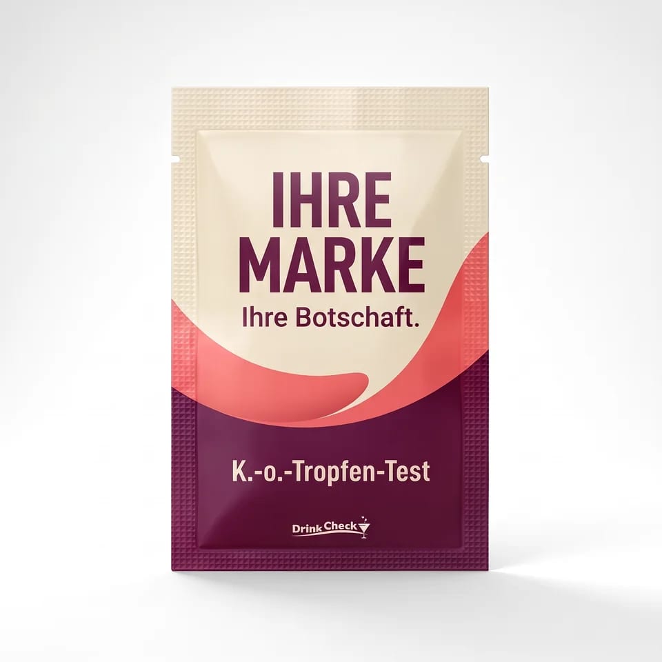 Gestaltungsbeispiel einer DrinkCheck-Verpackung in Creme, Koralle und Pflaume mit dem Aufdruck Ihre Marke