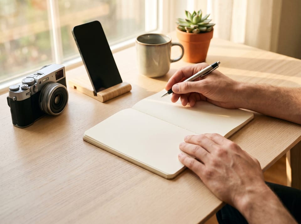 Hände mit einem Stift über einem leeren Notizbuch neben Kamera und Smartphone auf einem Holztisch