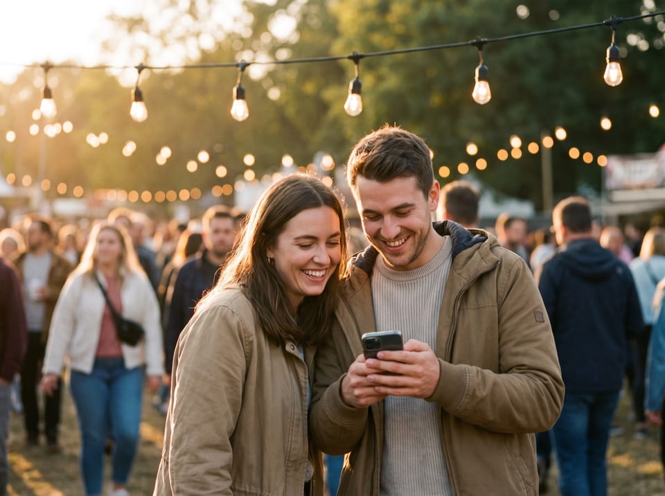 Zwei Erwachsene schauen bei einer Veranstaltung im Freien unter Lichterketten auf ein Smartphone