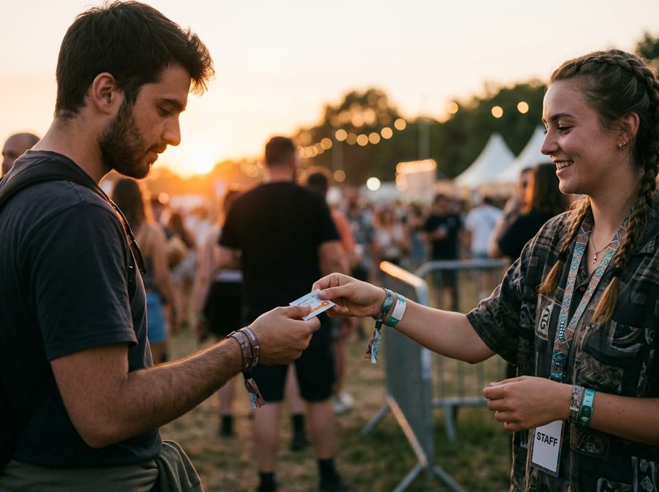 Festival-Campingplatz bei Sonnenuntergang mit Zelten, Pavillons und offenen Getränken auf Bierbänken