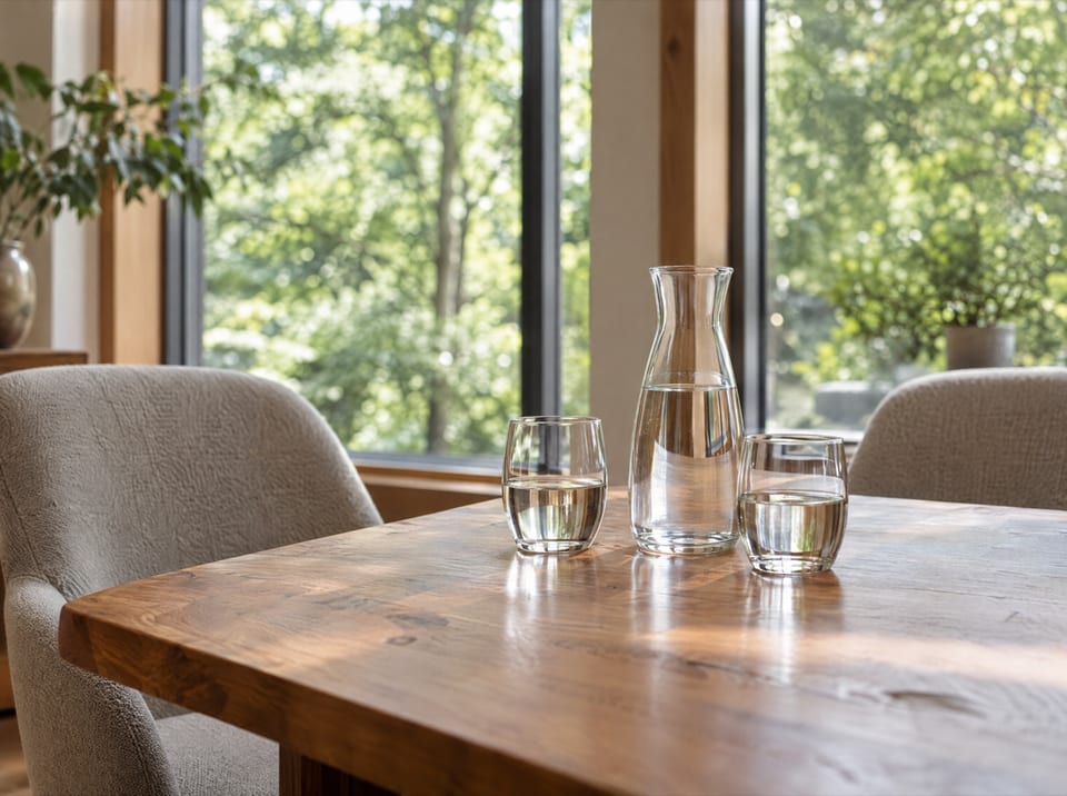 Holztisch mit Wasserkaraffe und zwei Gläsern vor zwei Stühlen in einem hellen Raum mit großen Fenstern