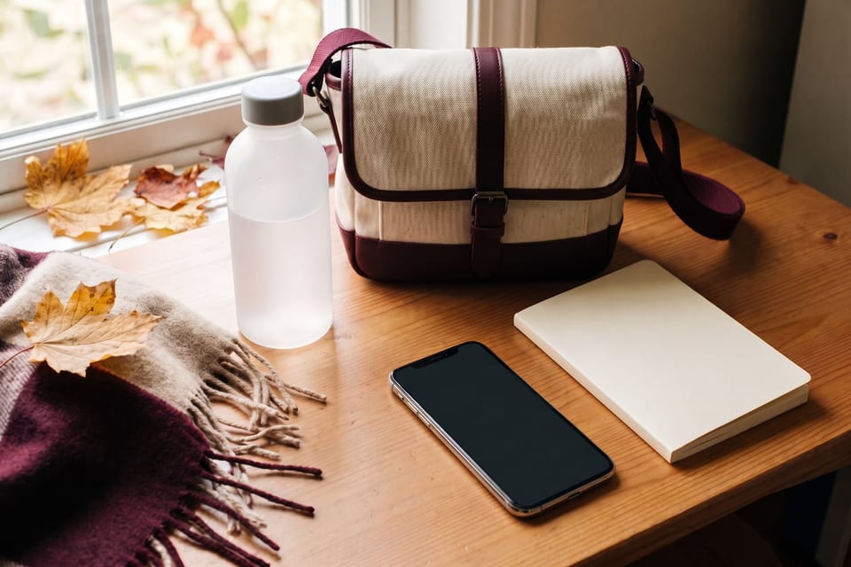 Kleine Tasche, geschlossene Kunststoff-Wasserflasche, Smartphone und Notizbuch auf einem Holztisch.