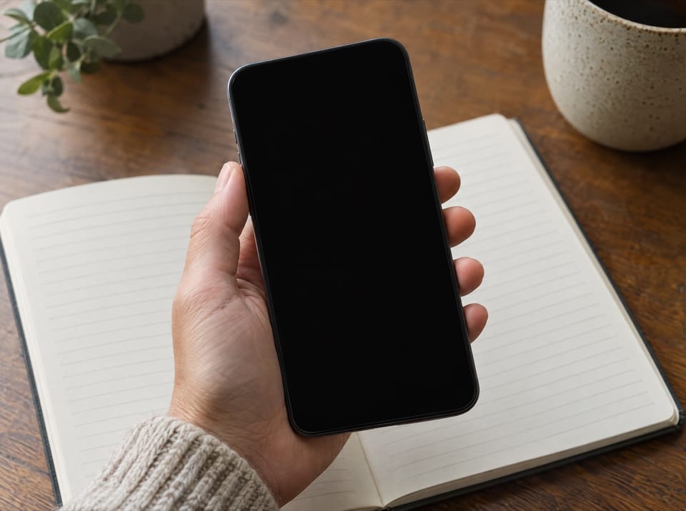 Hand mit Smartphone über einem Notizblock auf einem Holztisch