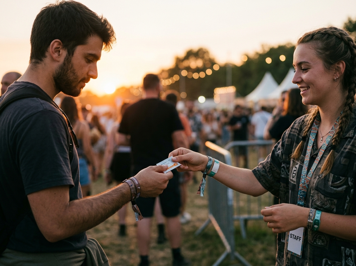 Festival-Campingplatz bei Sonnenuntergang mit Zelten, Pavillons und offenen Getränken auf Bierbänken